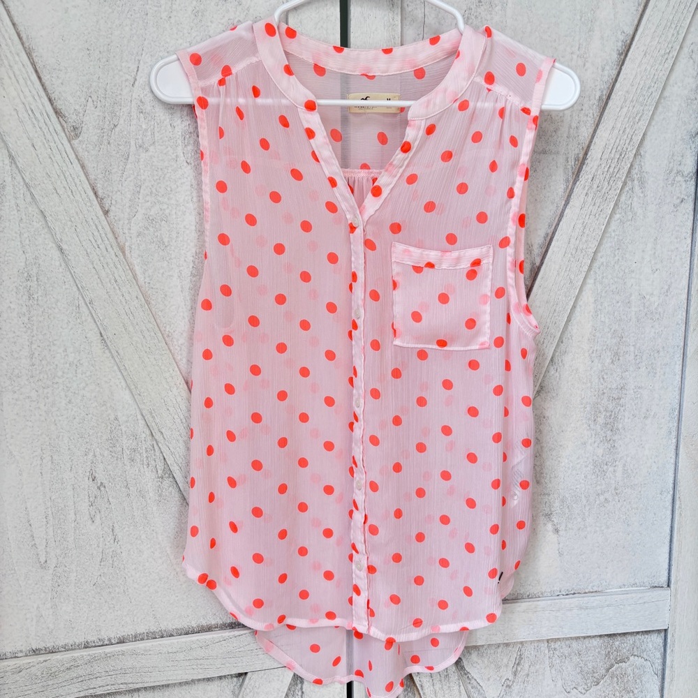 Hollister Polka Dot Top Women’s Medium Sleeveless Sheer Button Down Pocket